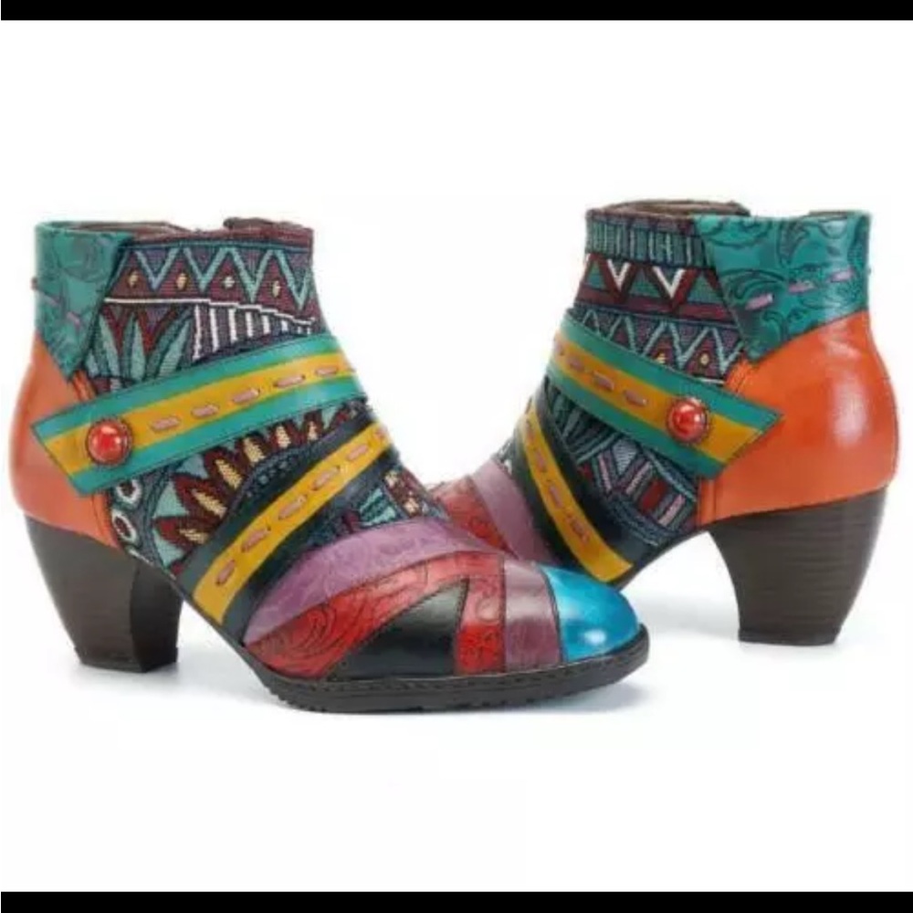 Socofy Patchwork Tapestry Leather Colorful Women's Ankle Boots - Picture 2 of 11